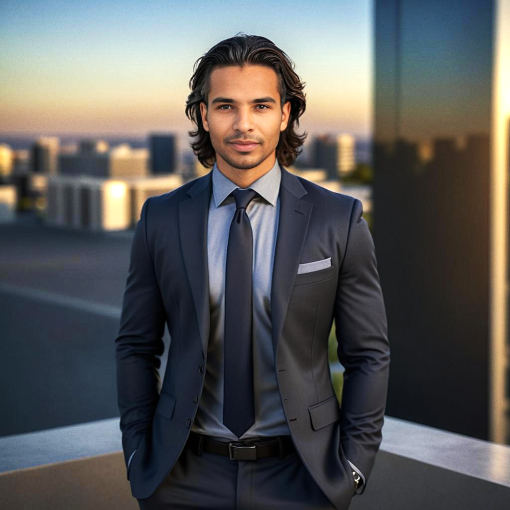 Confident Man in Tailored Suit with Urban Sunset