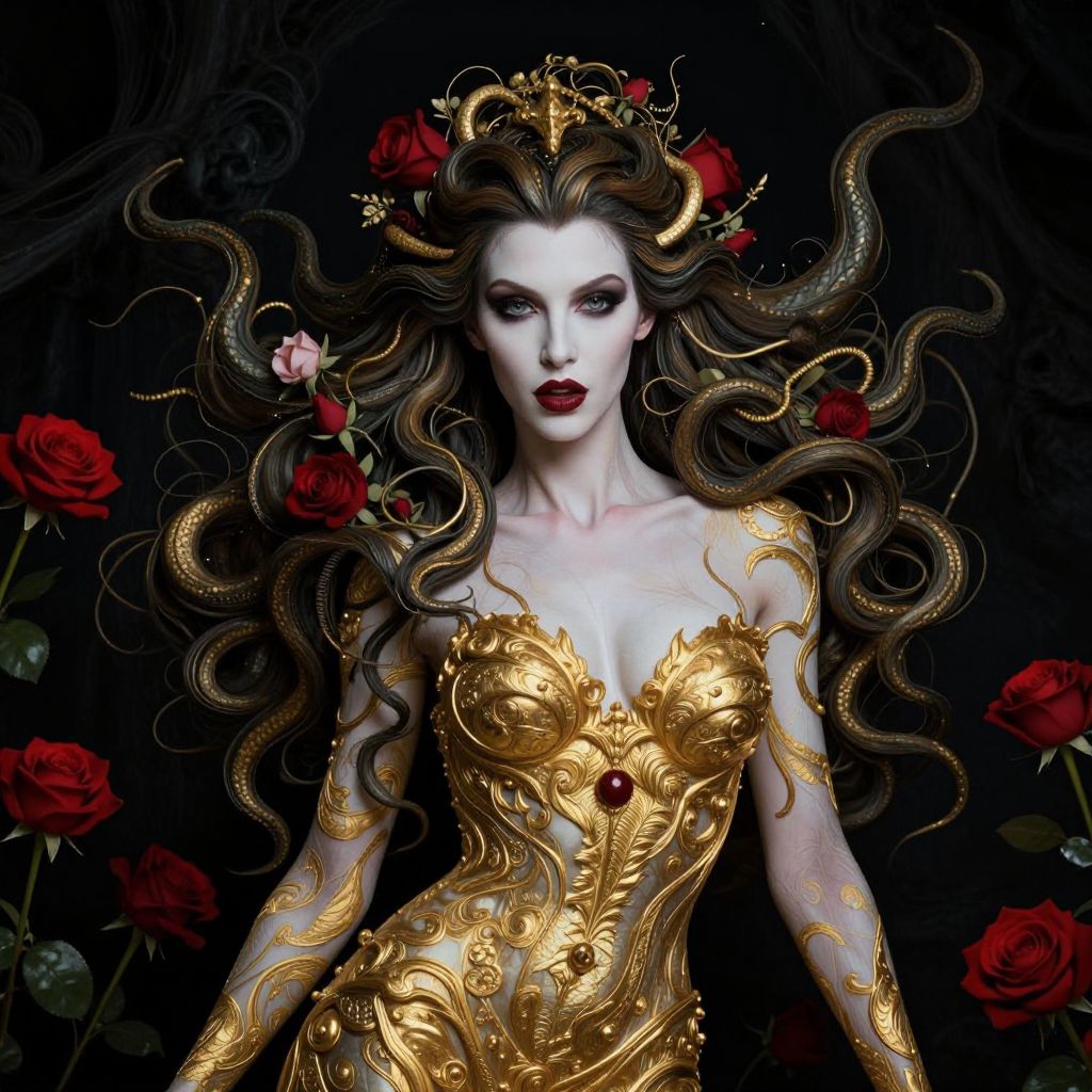 Mythical Woman Wearing Ornate Golden Armor with Serpent Hair and Red Roses