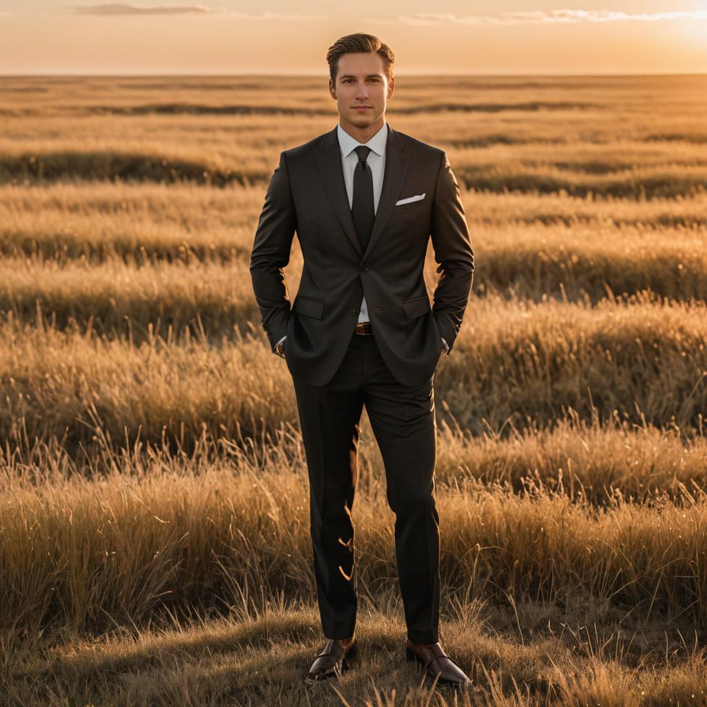 Man in Black Suit in Golden Field at Dusk