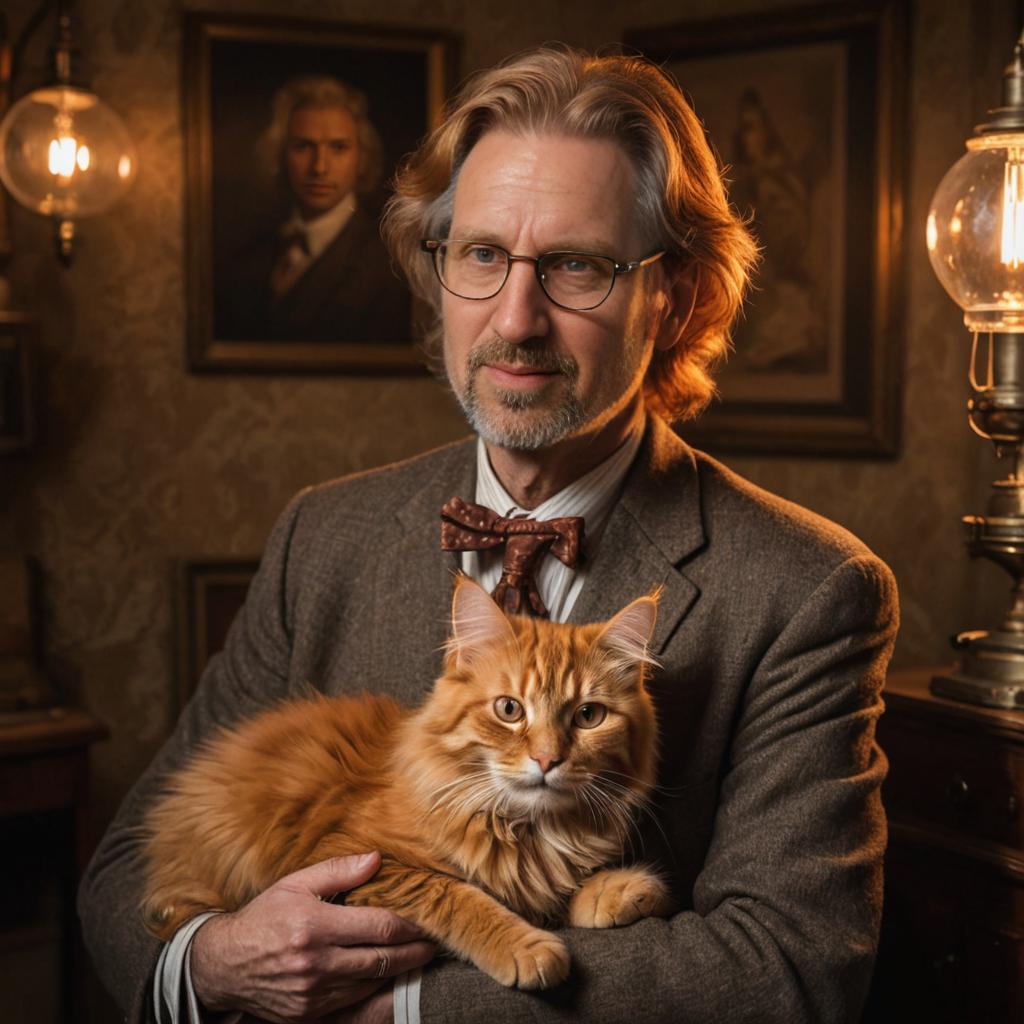 Distinguished Man with Orange Maine Coon Cat in Vintage Decor