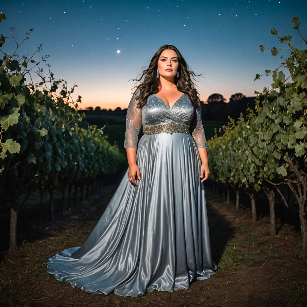 Elegant Woman in Silver Gown in Vineyard at Dusk