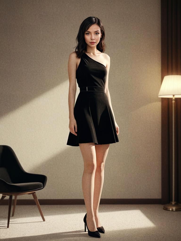 Elegant Woman in Black One-Shoulder Dress