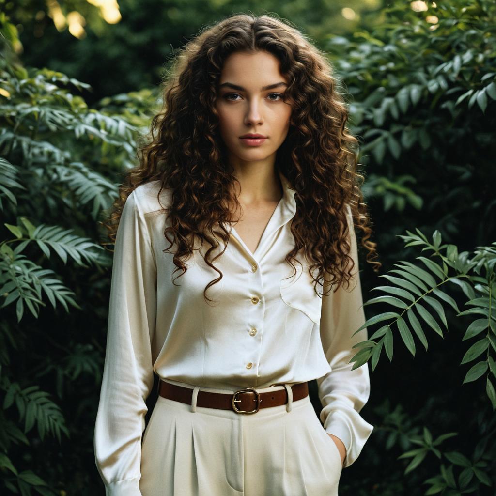 Confident Woman in Ivory Satin Blouse Amid Green Foliage