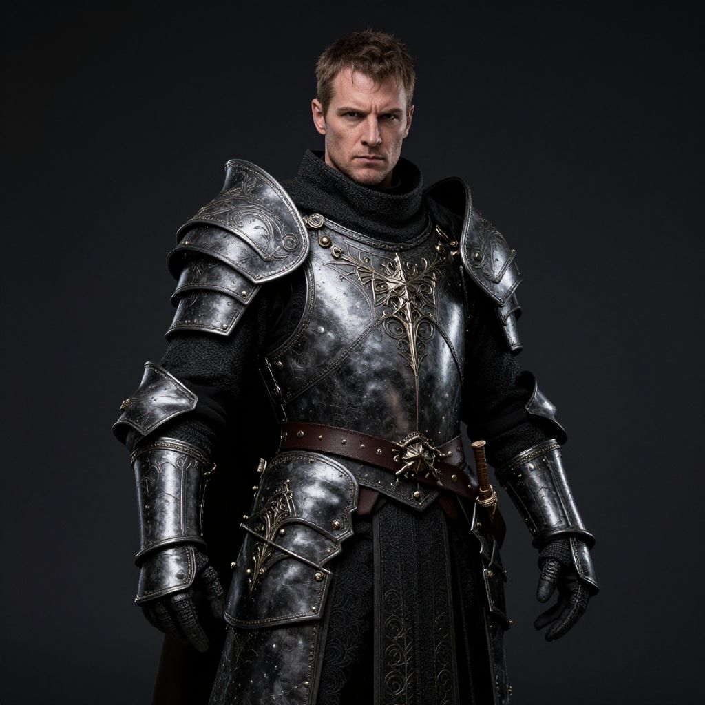 Medieval Knight in Ornate Armor with Intense Expression