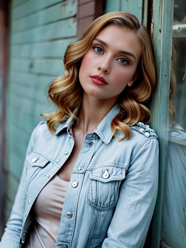 Young Woman in Denim Shirt with Vintage Background