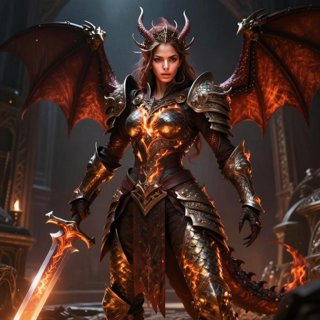 Epic Fantasy Woman Warrior in Dragon Armor with Glowing Sword and Wings
