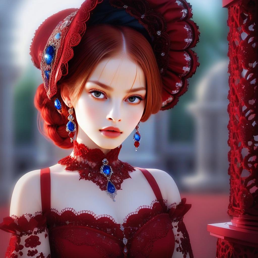 Woman in Red Lace Gown with Blue Gemstones