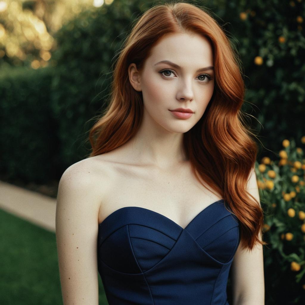 Portrait of Red-Haired Woman in Navy Blue Dress Outdoors