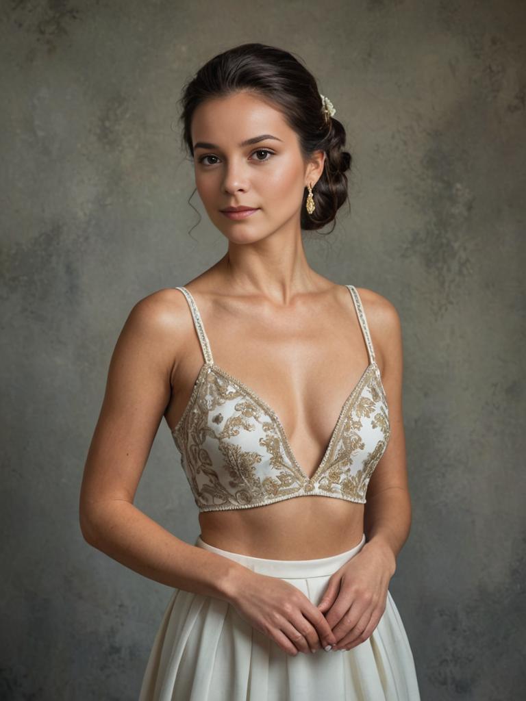 Elegant Bride in Lace Gown Against Artistic Backdrop