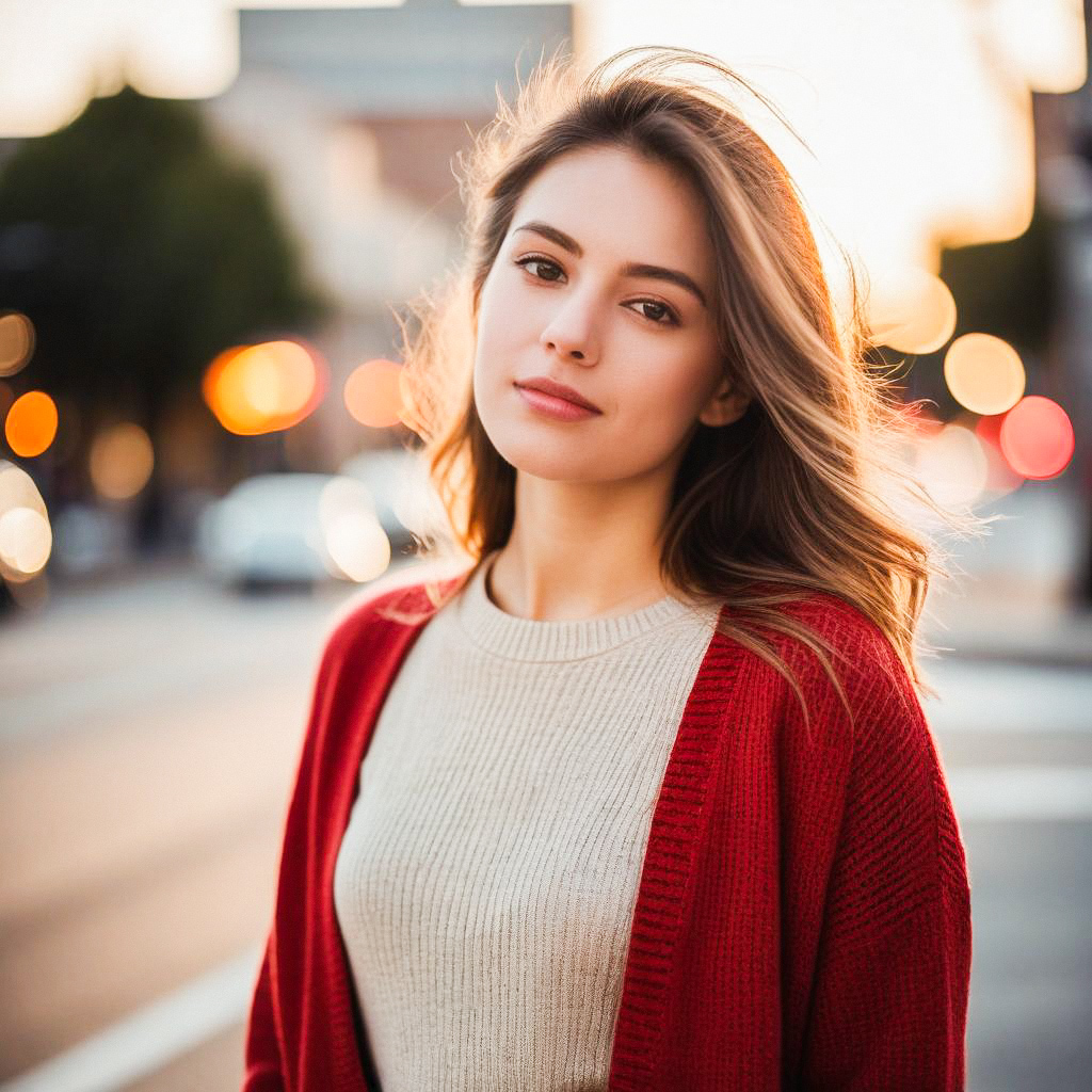 Young Woman in Cream Sweater and Red Cardigan at Golden Hour Young Woman in Cream Sweater and Red Cardigan at Golden Hour