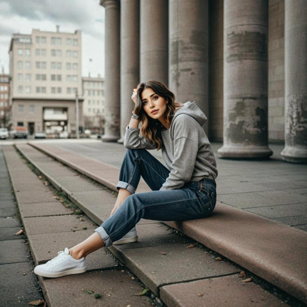 Stylish Young Woman in Gray Hoodie on Steps