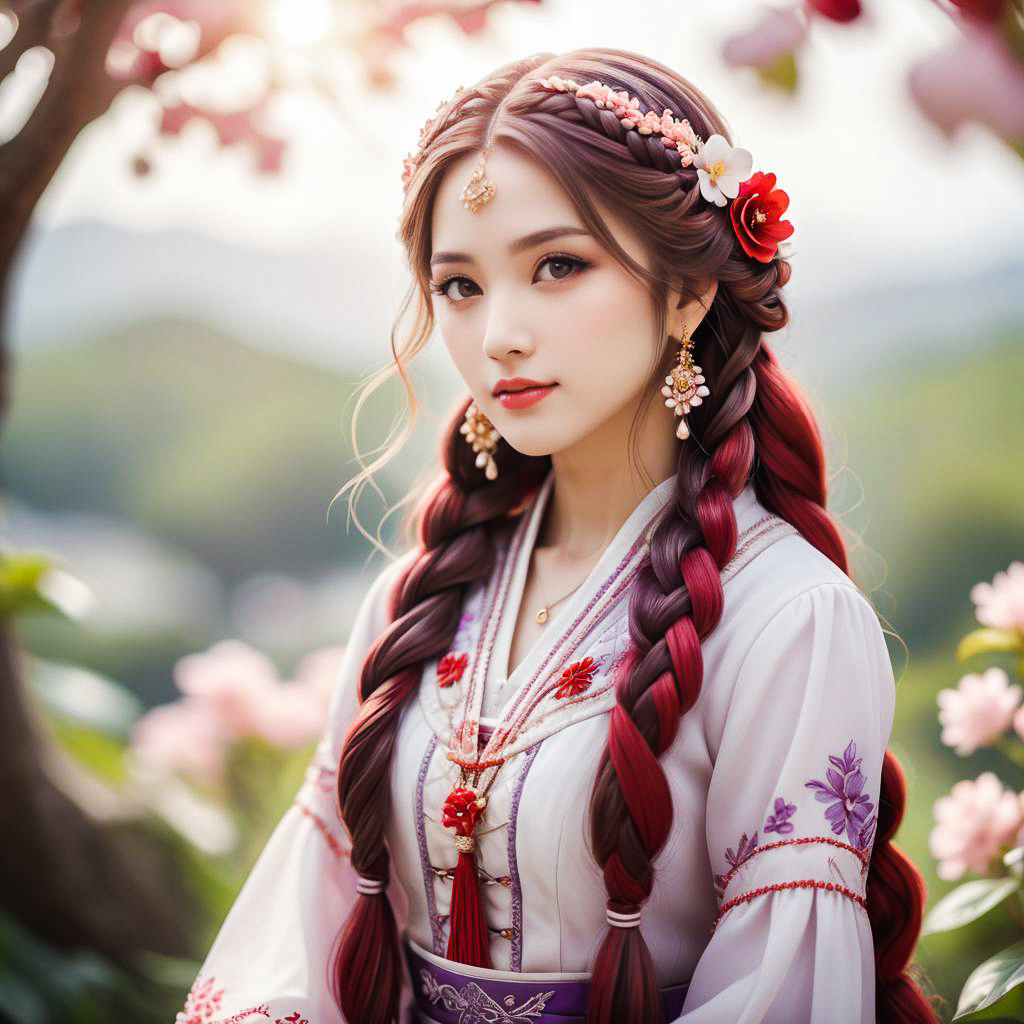 Young Woman in Traditional Attire Surrounded by Flowers Young Woman in Traditional Attire Surrounded by Flowers
