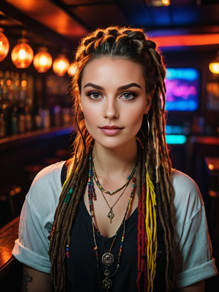 Portrait of Young Woman with Colorful Dreads in Nightclub