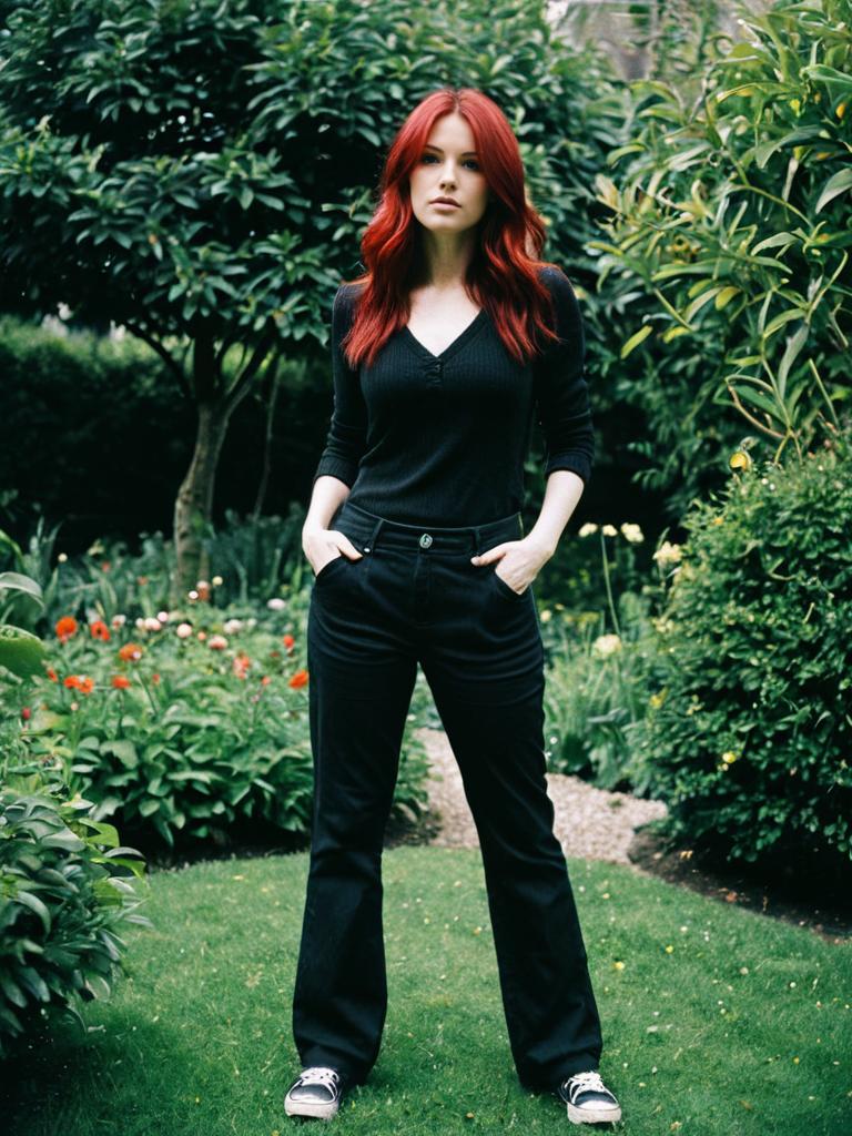 Confident Red-Haired Woman in Black Outfit Standing in Garden