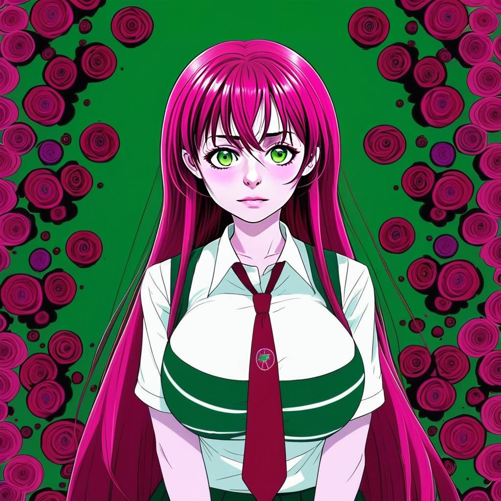 Anime Girl with Magenta Hair and Green Eyes in School Uniform with Rose Background