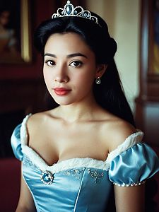 Elegant Disney Princess Woman in Blue Satin Dress with Tiara