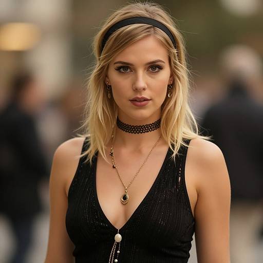 Blonde Woman in Black Top with Headband and Jewelry Urban Portrait