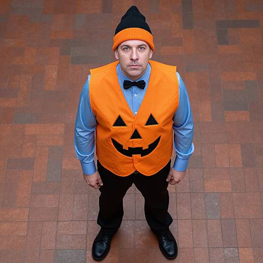 Man Wearing Halloween Jack-O'-Lantern Vest and Beanie