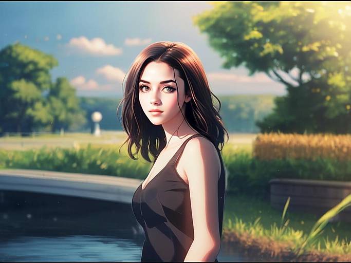 Anime Style Portrait of Woman Near Water in Nature