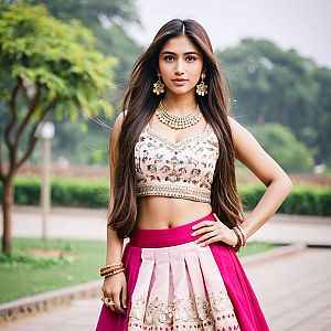 Confident Woman in Stylish Lehenga Choli Outdoors