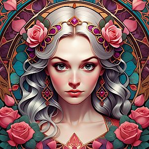 Woman with Silver Hair and Roses in Fantasy Art