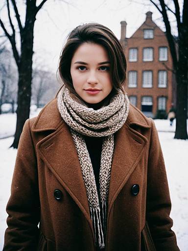 Woman in Brown Winter Coat and Knit Scarf in Snowy Outdoor Setting