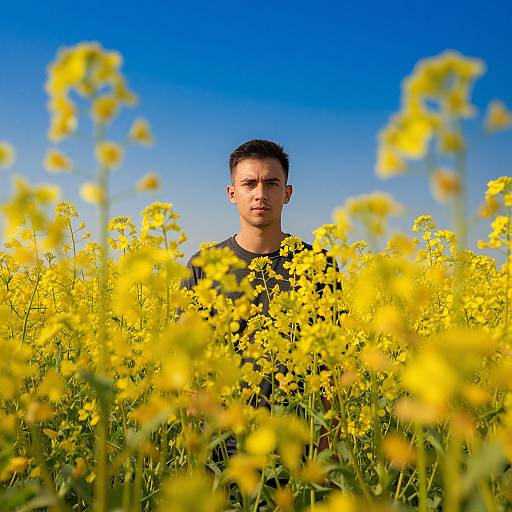 Young Man Standing in Yellow Flower Field with Blue Sky