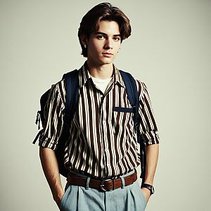 Young Man in Retro Striped Shirt and Blue Trousers