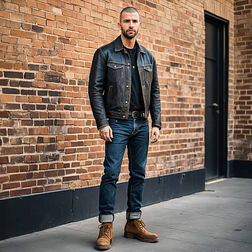 Man Wearing Leather Jacket and Jeans Against Brick Wall Urban Style