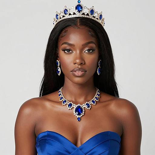 Elegant Woman Wearing Blue Gemstone Tiara and Necklace