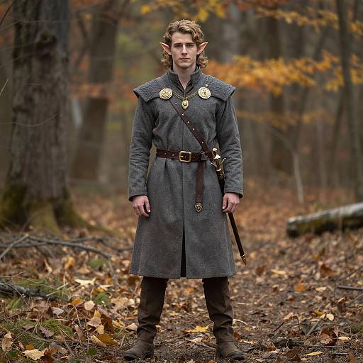 Fantasy Elf Man in Medieval Costume Standing in Autumn Forest