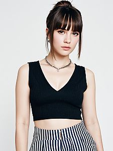 Contemporary Casual Woman Wearing Black Ribbed Crop Top with Deep V Neckline