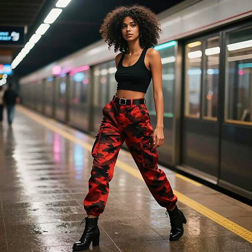 Trendy Gen Z Woman in Red Camouflage Cargo Pants and Black Crop Top at Subway