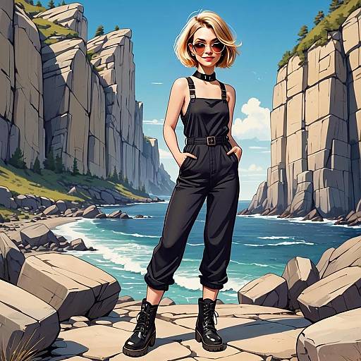 Stylish Woman Standing on Rocky Coastal Cliffs Digital Illustration