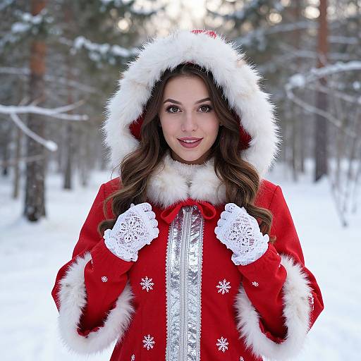 Woman in Festive Red Fur-Trimmed Coat in Snowy Winter Forest