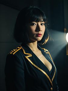 Stylish Woman in Black and Gold Embellished Jacket Portrait