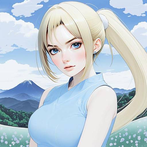 Anime Blonde Woman with Blue Eyes in Aoyama Blue Mountain Landscape