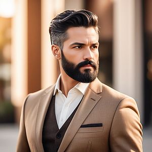 Confident man in tan suit against urban backdrop