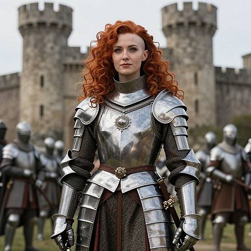 Medieval Woman Knight in Silver Armor with Castle Background