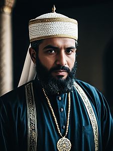 Cinematic Portrait of Man in Traditional Muslim Costume with Ornate Embroidery