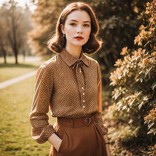 Elegant Woman in Vintage Polka Dot Blouse and High-Waisted Pants Outdoors