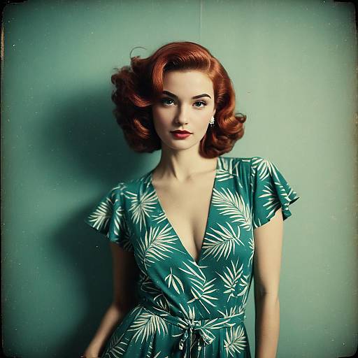 Vintage Style Woman in Teal Palm Leaf Dress with Retro Red Hair