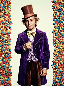 Man in Willy Wonka Costume with Candy Props Waist-Up Portrait