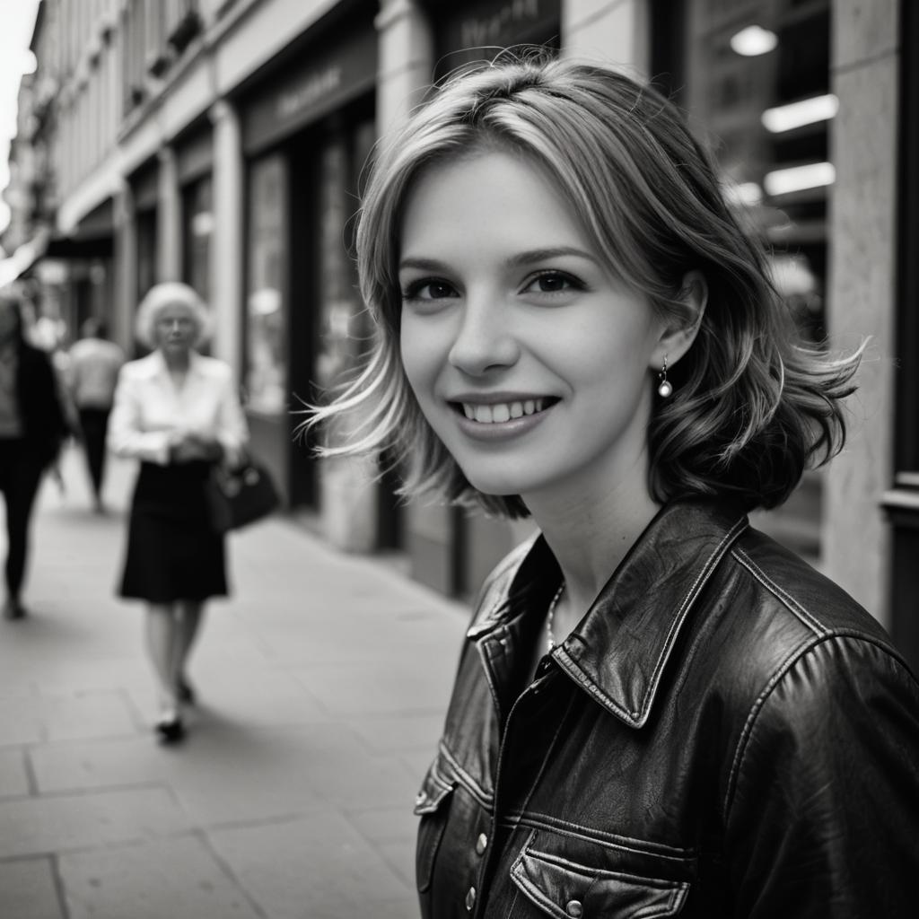 Smiling Woman in Leather Jacket on City Street