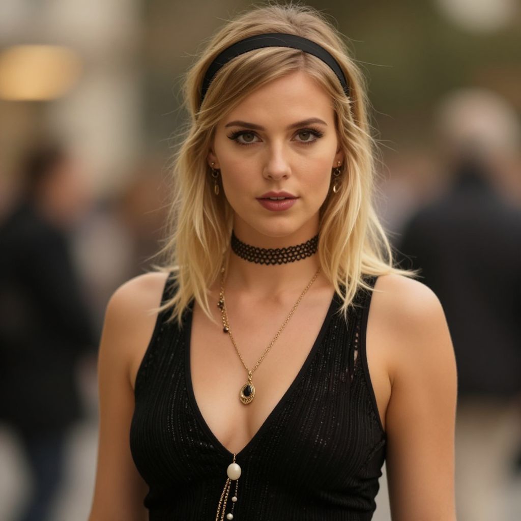 Blonde Woman in Black Top with Headband and Jewelry Urban Portrait