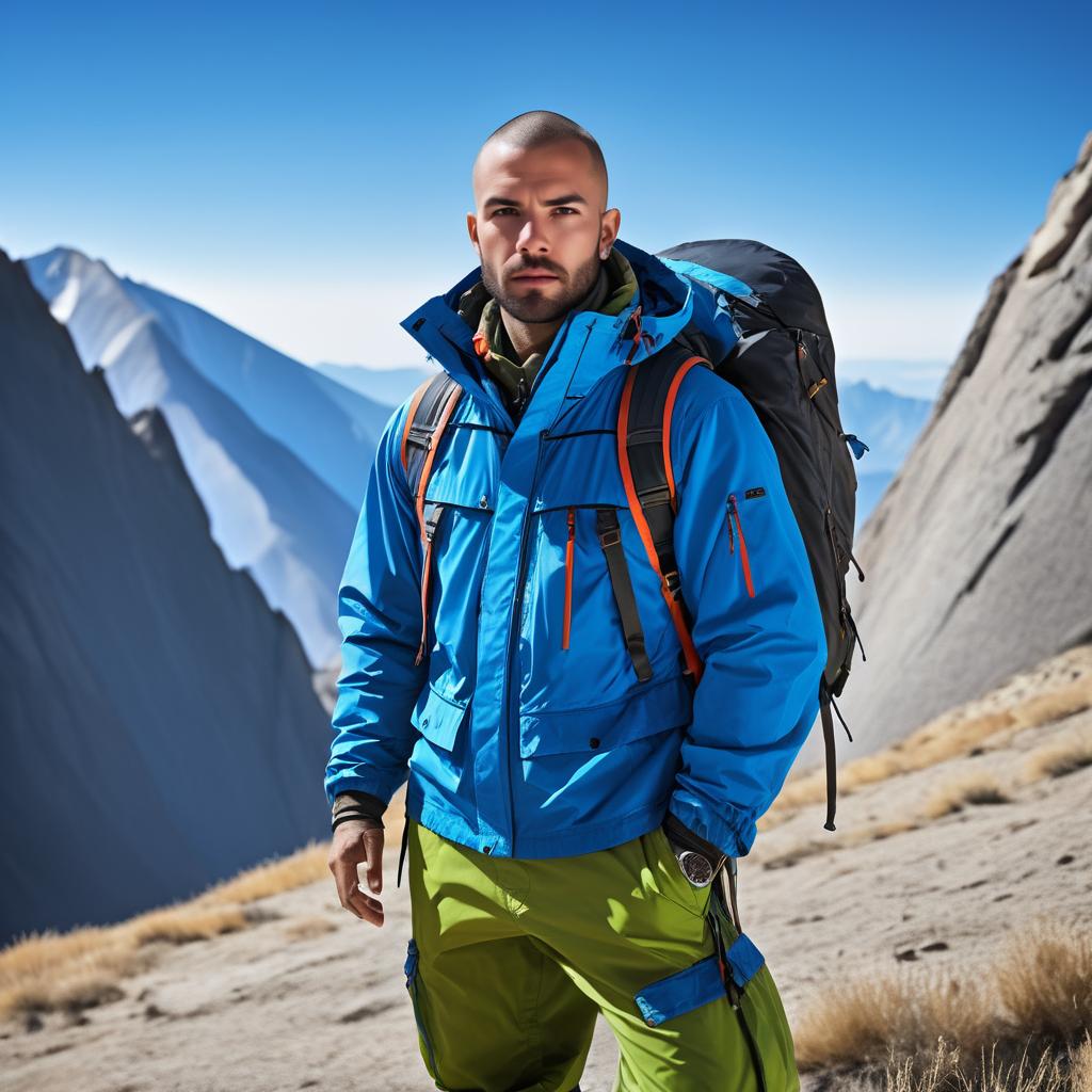 Man in Blue Jacket and Green Pants in Mountain Scenery