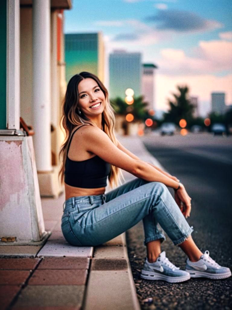 Smiling Woman in Stylish Outfit at Sunset