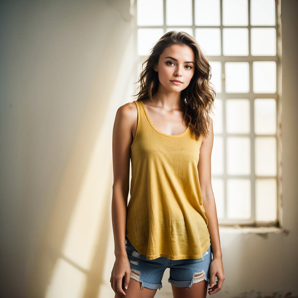 Young Woman in Mustard Tank Top by Bright Window Young Woman in Mustard Tank Top by Bright Window