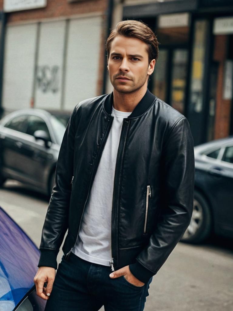 Stylish Man in Black Leather Jacket on Urban Street