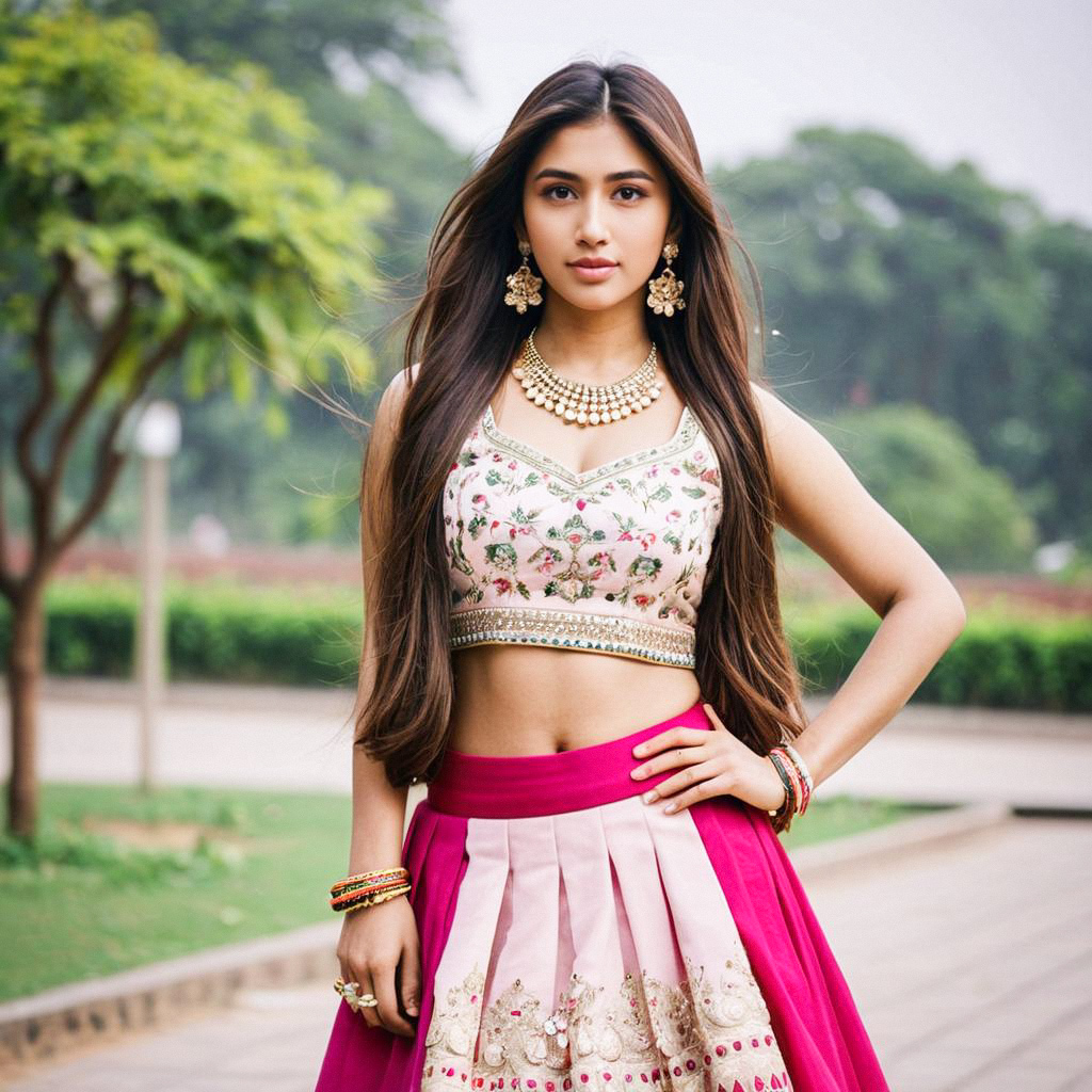 Confident Woman in Stylish Lehenga Choli Outdoors Confident Woman in Stylish Lehenga Choli Outdoors